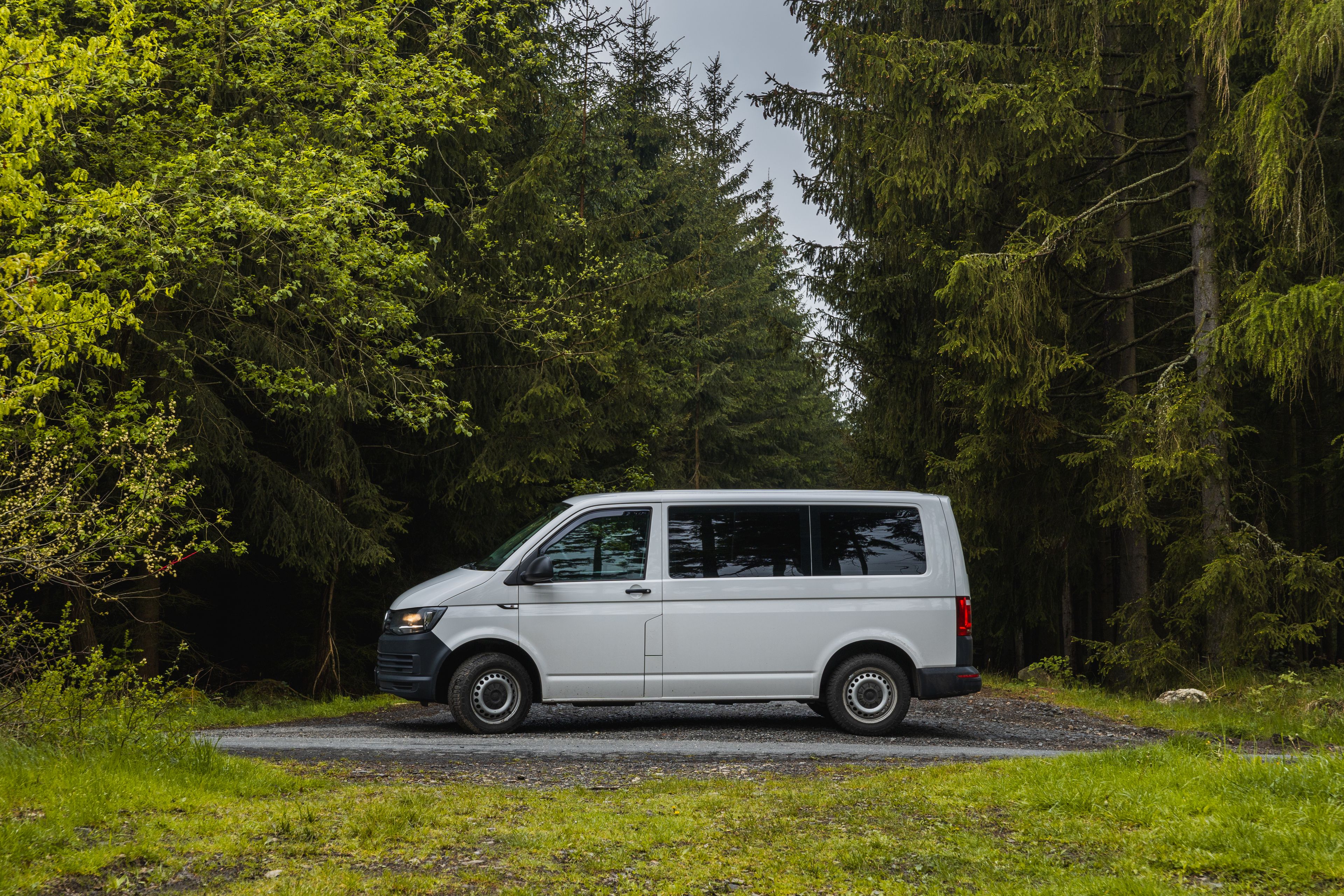 Modern grå campervan parkerad på en gräsbevuxen plats i skogen