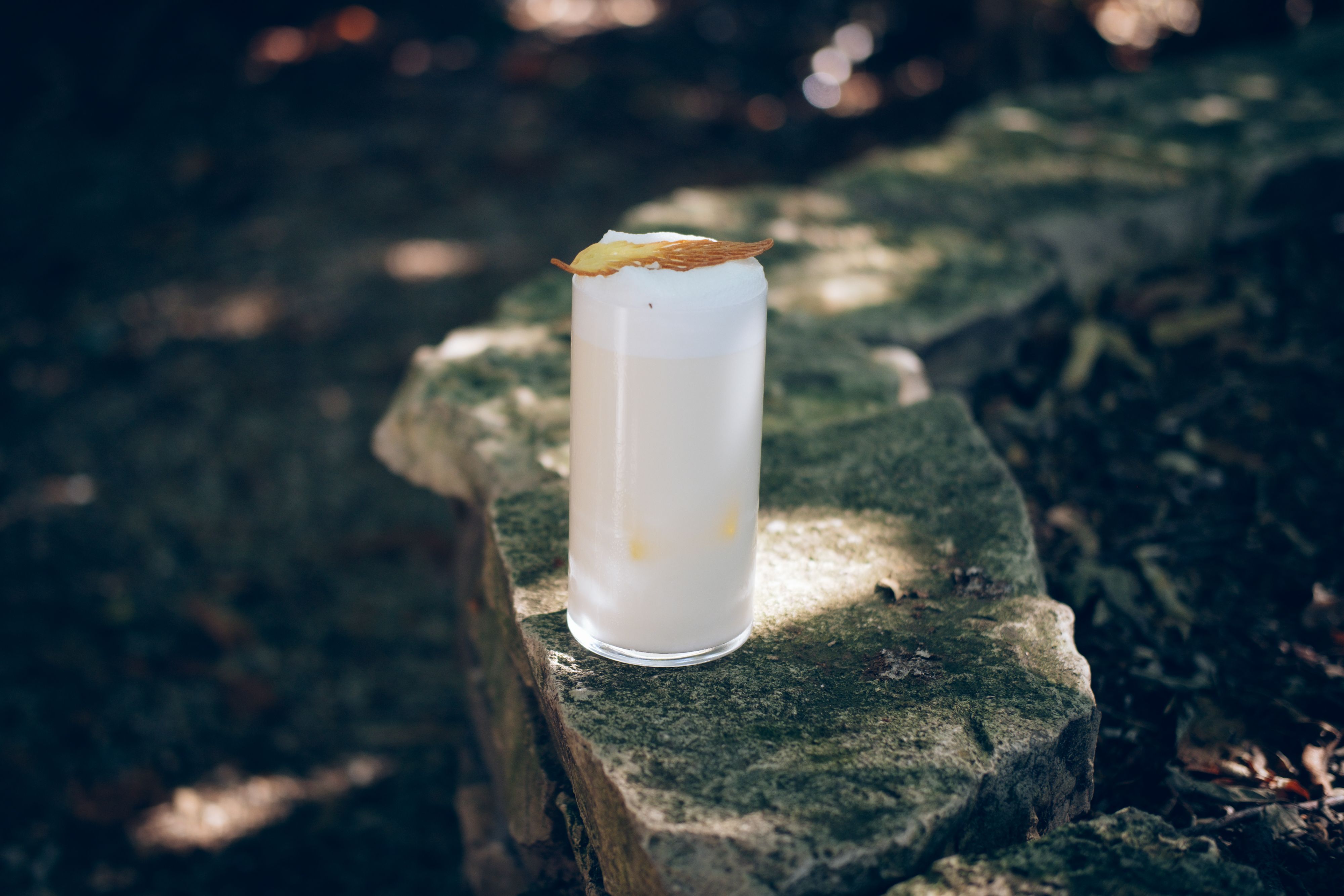 Gin fizz i högt glas med tjock, vit skumkrona av aquafaba