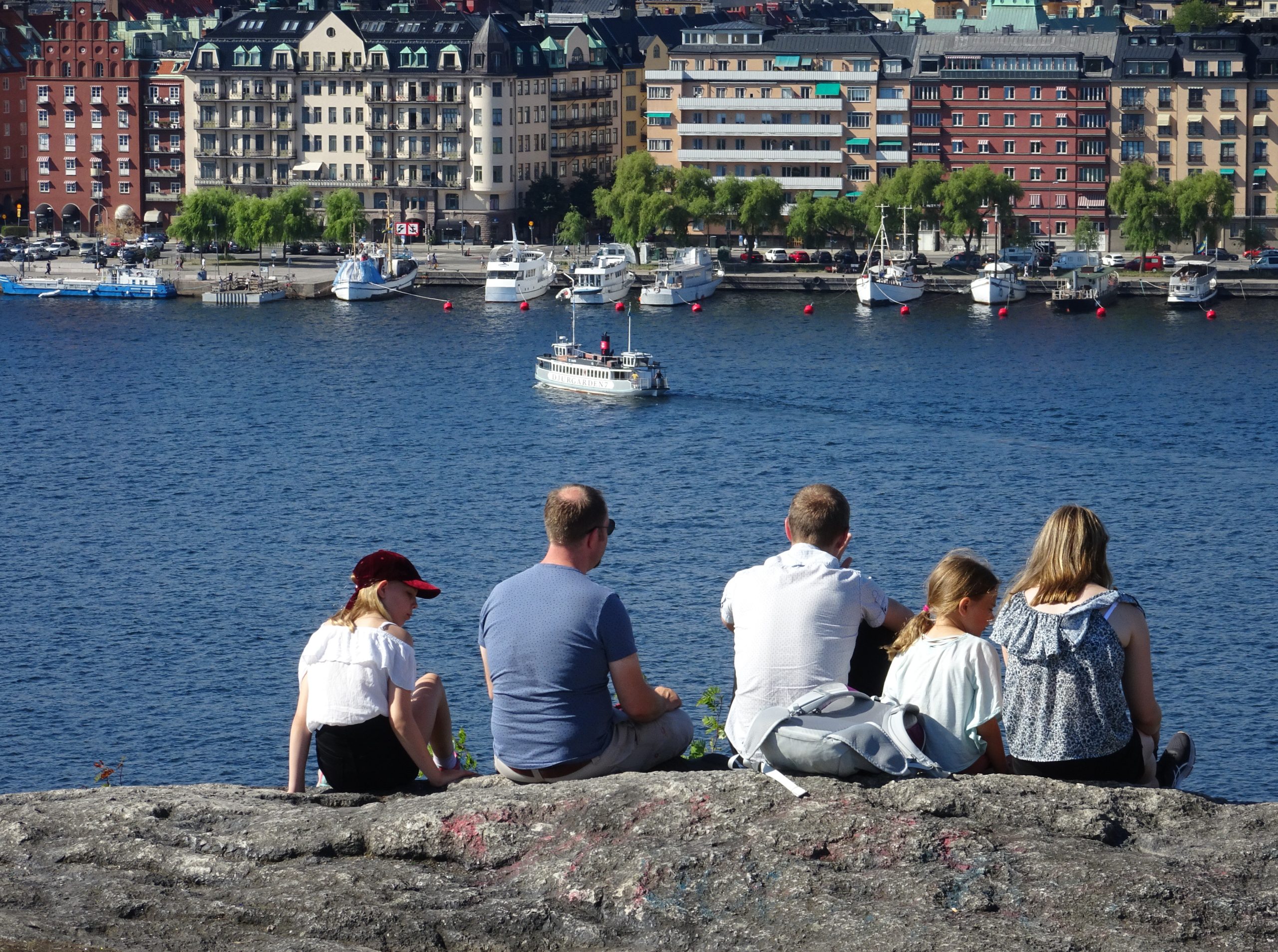 Besökare sitter på klippan på Skinnarviksberget med utsikt över Riddarfjärden en sommarkväll
