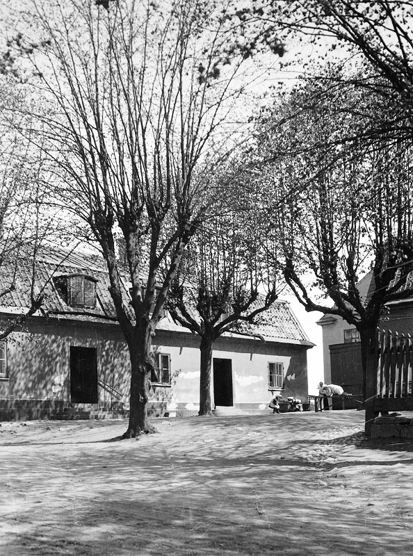 Svartvitt foto från 1912 av Kristinehovs malmgårds östra flygel, ett lågt putsat hus bakom kastanjer på en grusad gårdsplan.