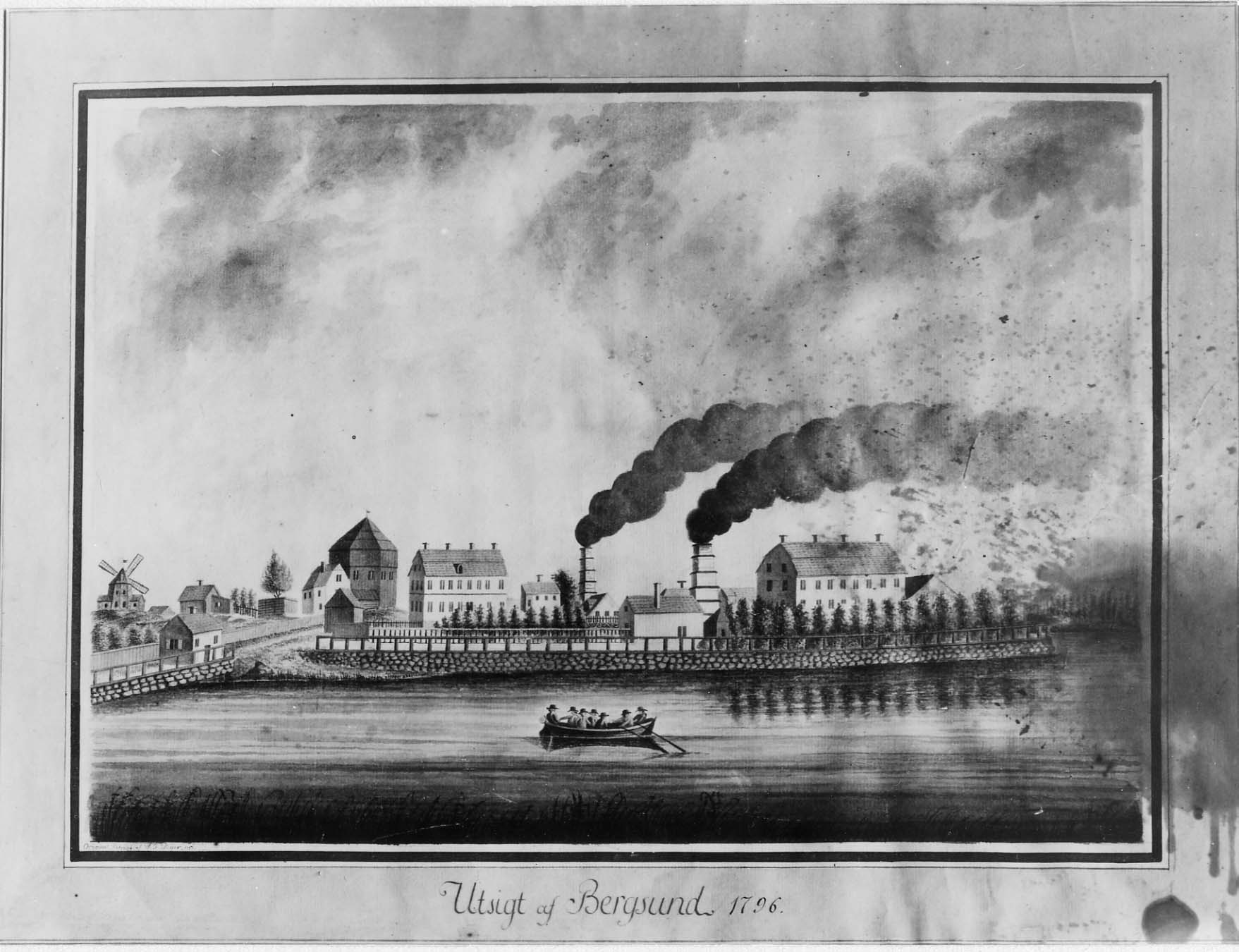 Lavyrteckning av Bergsunds bruk sett från vattnet 1796, med två rykande skorstenar och en roddbåt i förgrunden