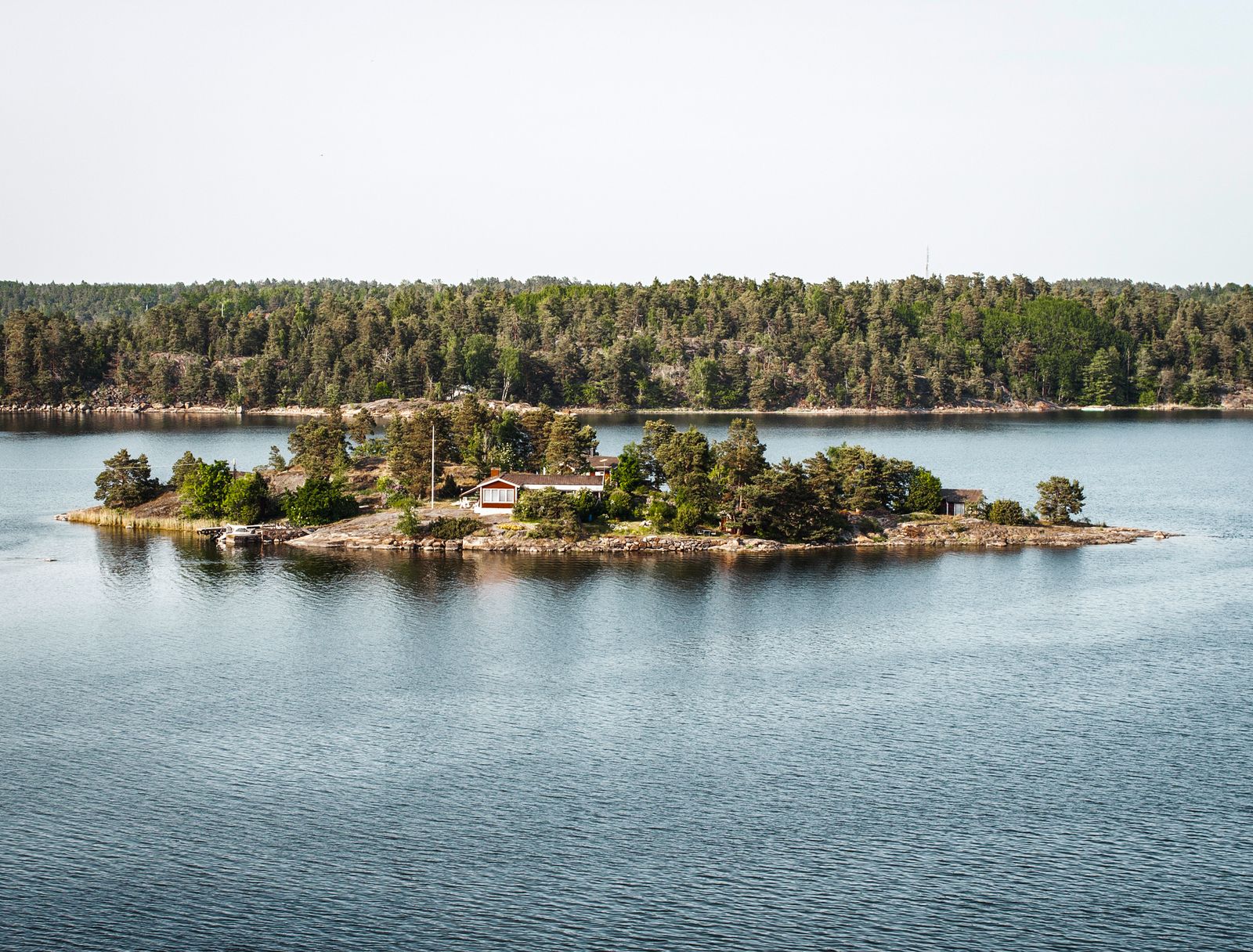 Liten skogklädd ö med stuga i den svenska skärgården