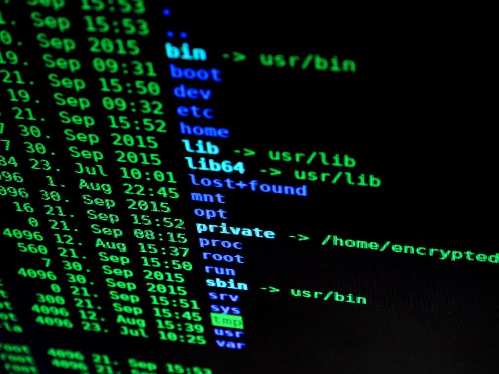Terminalfönster med en filsystemslistning i grön och blå text mot svart bakgrund