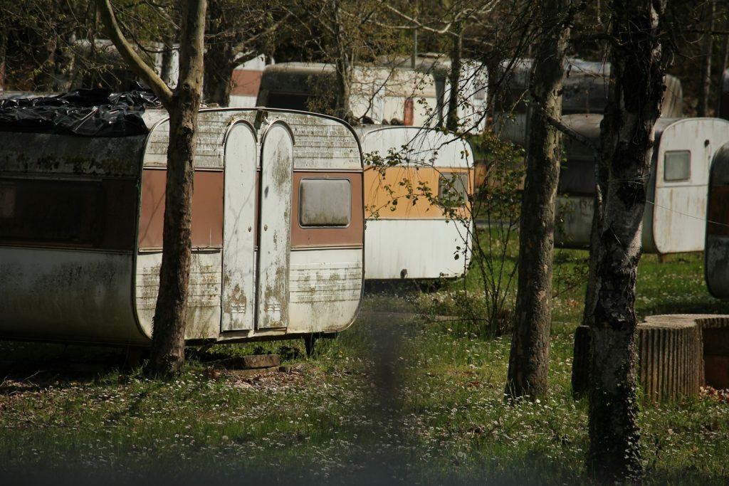 Gamla, väderbitna husvagnar uppställda bland träd