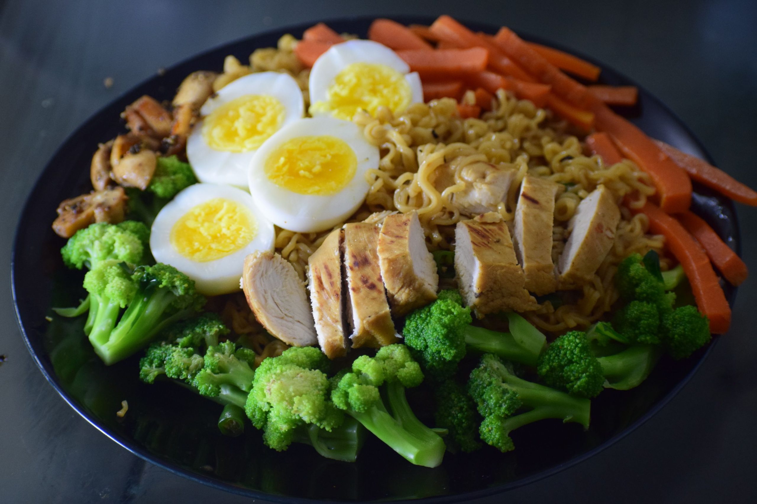 Tallrik med kyckling, kokt ägg, broccoli och morötter