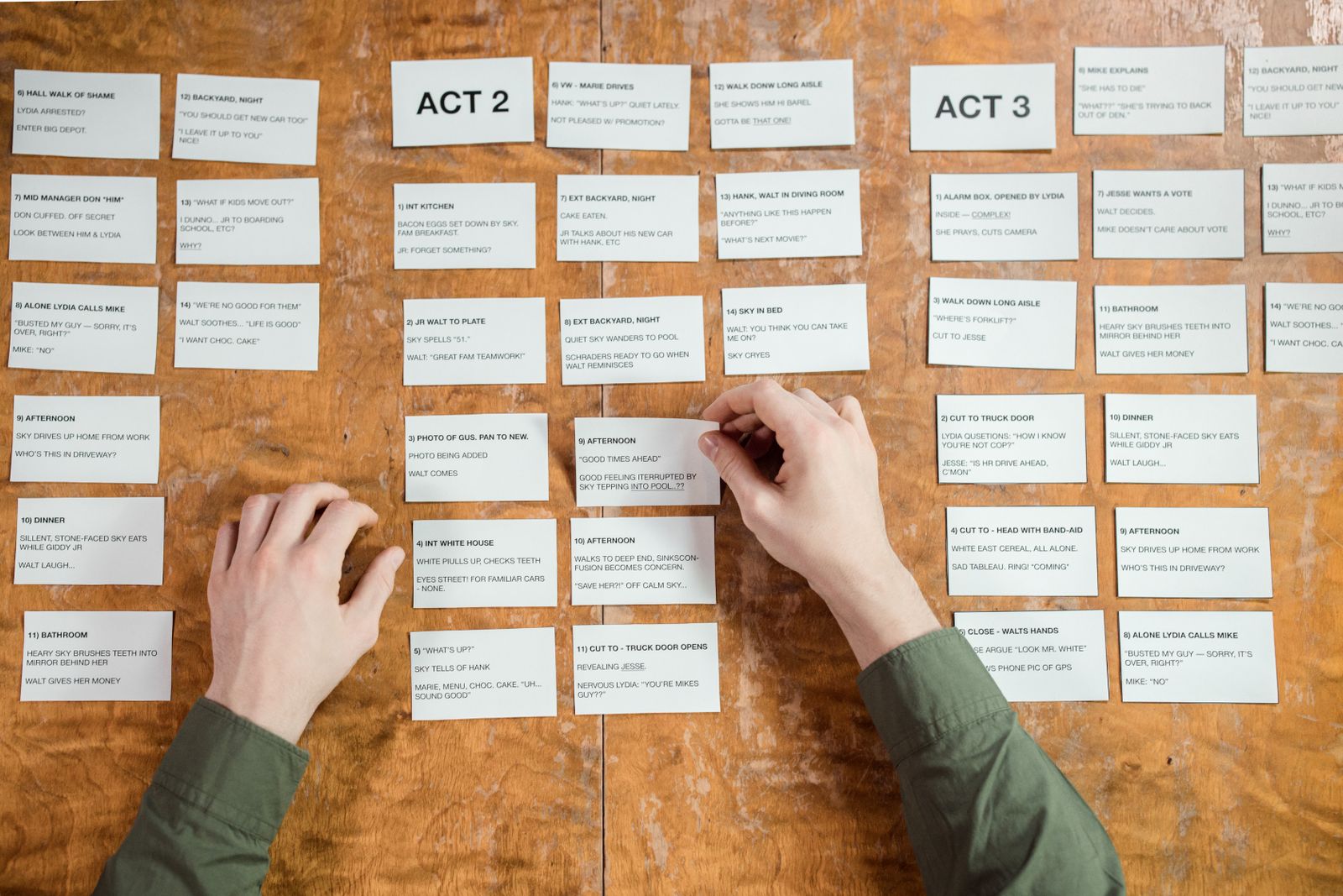 Berättelsekort uppradade som ett storyboard på ett bord