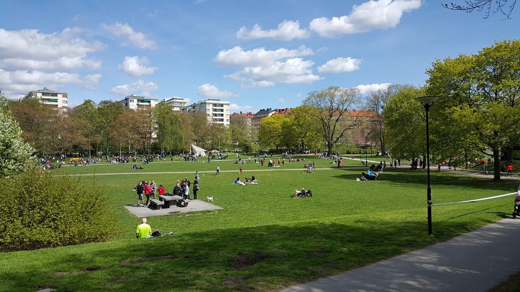 Öppna gräsytor i Rålambshovsparken en solig majdag med människor som sitter på gräset.
