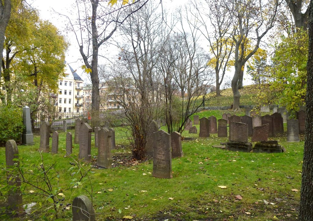 Gravstenar i gräset på Judiska begravningsplatsen Kronoberg en höstdag, med gulnande träd och bostadshus bakom staketet.