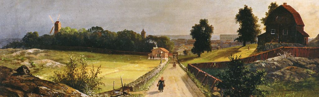 Carl Petter Hallbergs målning av Fleminggatan österut 1868, en grusväg mellan stenmurar med väderkvarn och gård