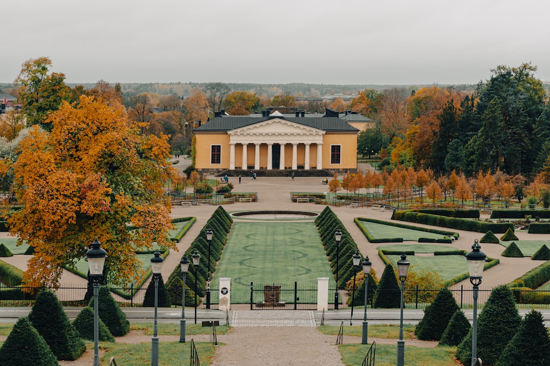 Barockträdgården i Uppsala med klippta häckar och det gula orangeriet Linneanum i fonden en höstdag