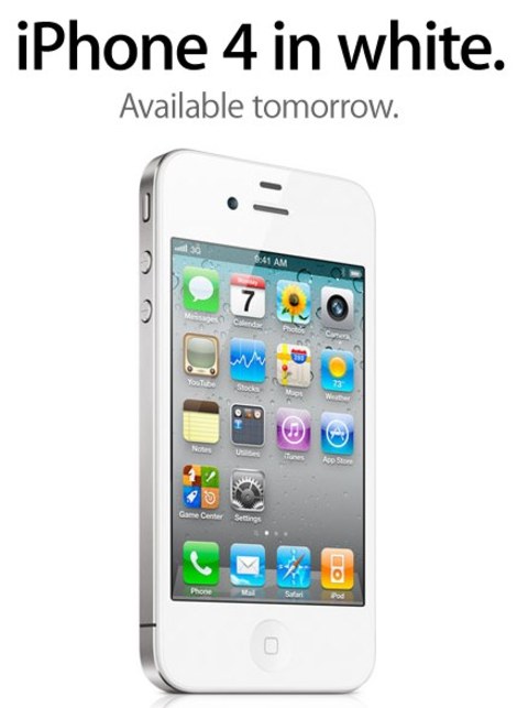 Apples bild av en vit Iphone 4 med texten iPhone 4 in white. Available tomorrow.
