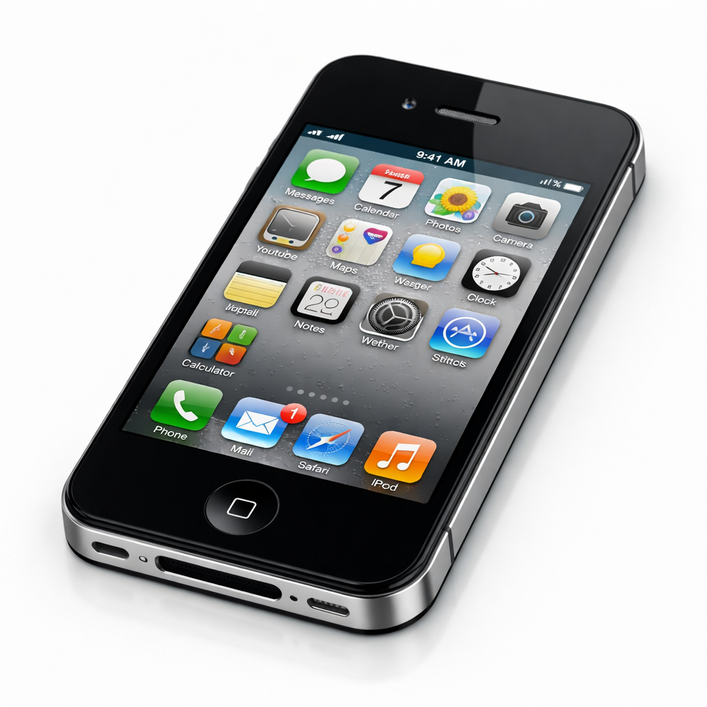 iPhone 4 med iOS 4 hemskärm på vit bakgrund