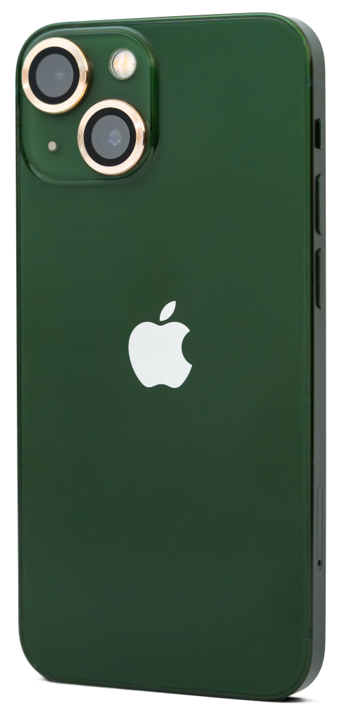 Grön iPhone 13 mini fotograferad snett bakifrån mot vit bakgrund