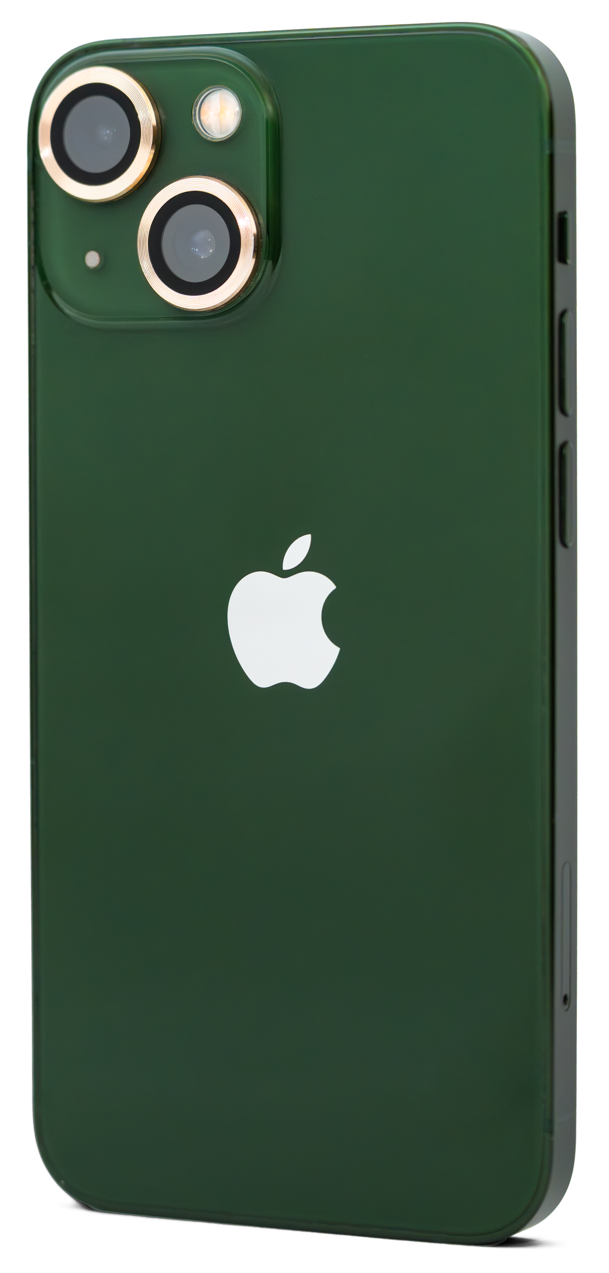 Grön iPhone 13 mini fotograferad snett bakifrån mot vit bakgrund