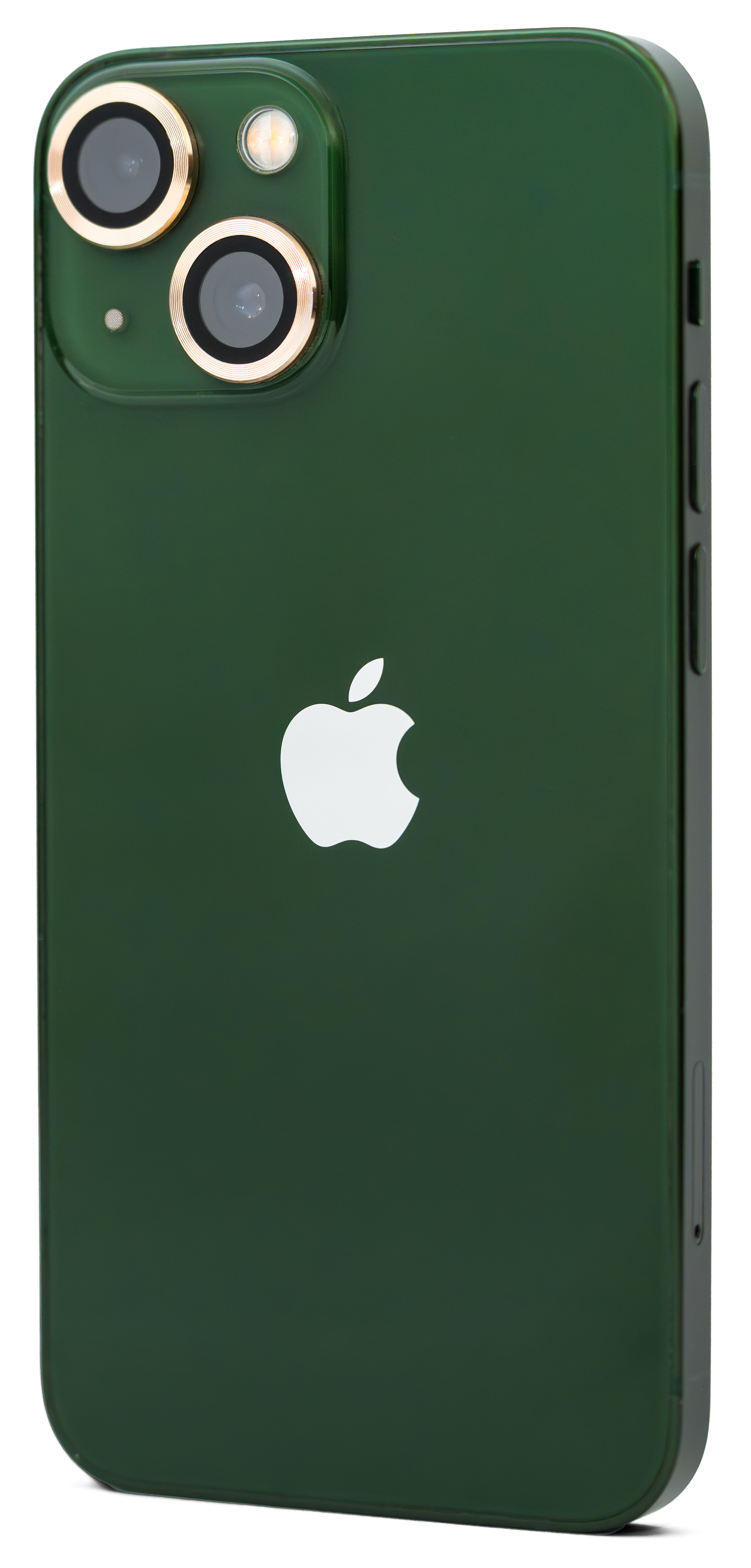 Grön iPhone 13 mini fotograferad snett bakifrån mot vit bakgrund