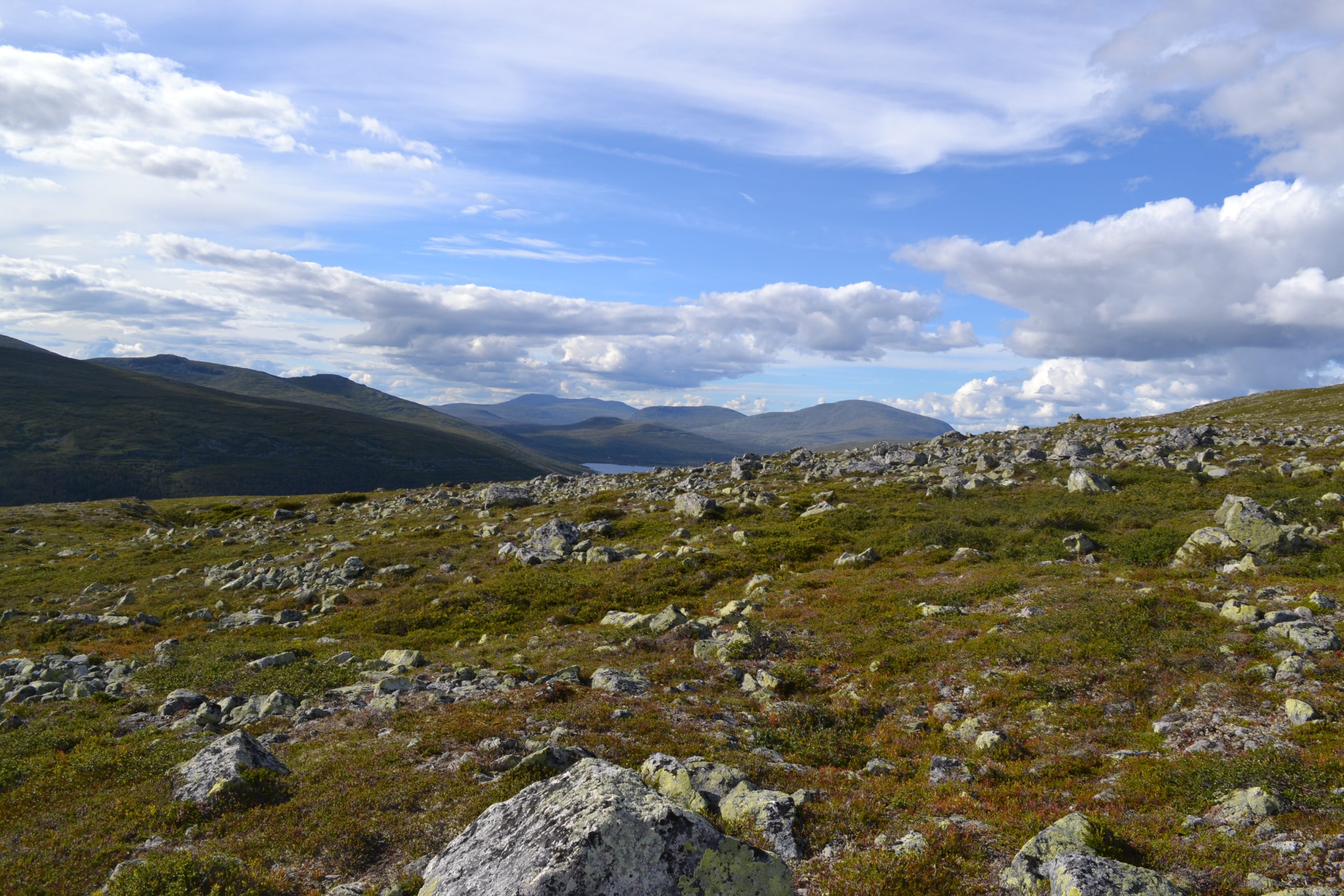 Öppet fjällandskap med blockterräng och fjälltoppar vid Grövelsjön