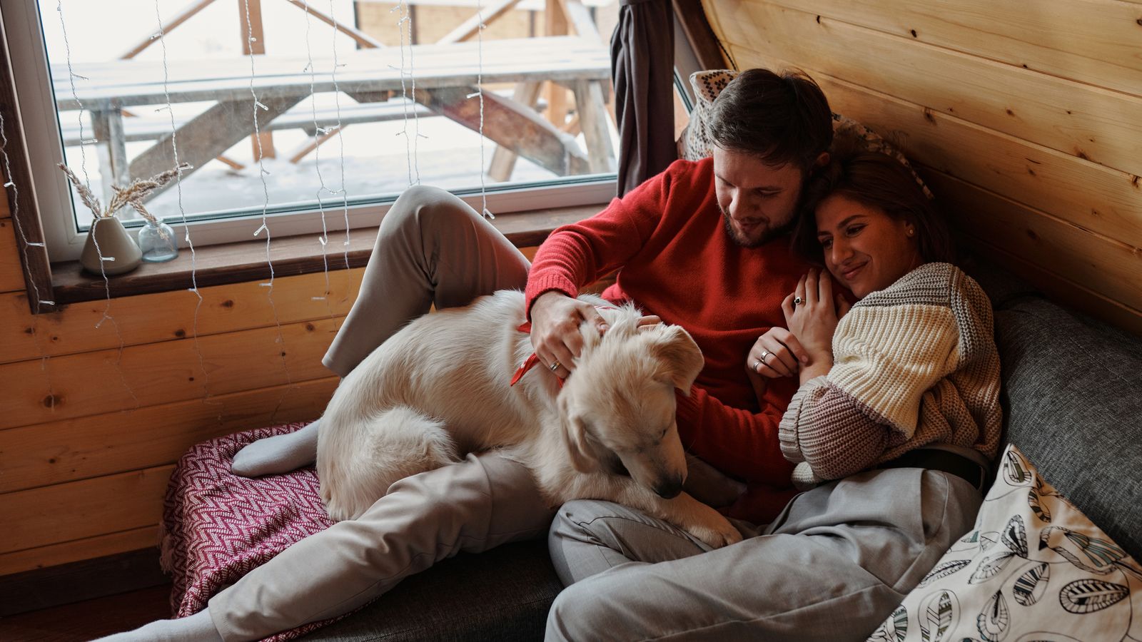 Hund ligger tillsammans med två resenärer i ett trärum på ett boende