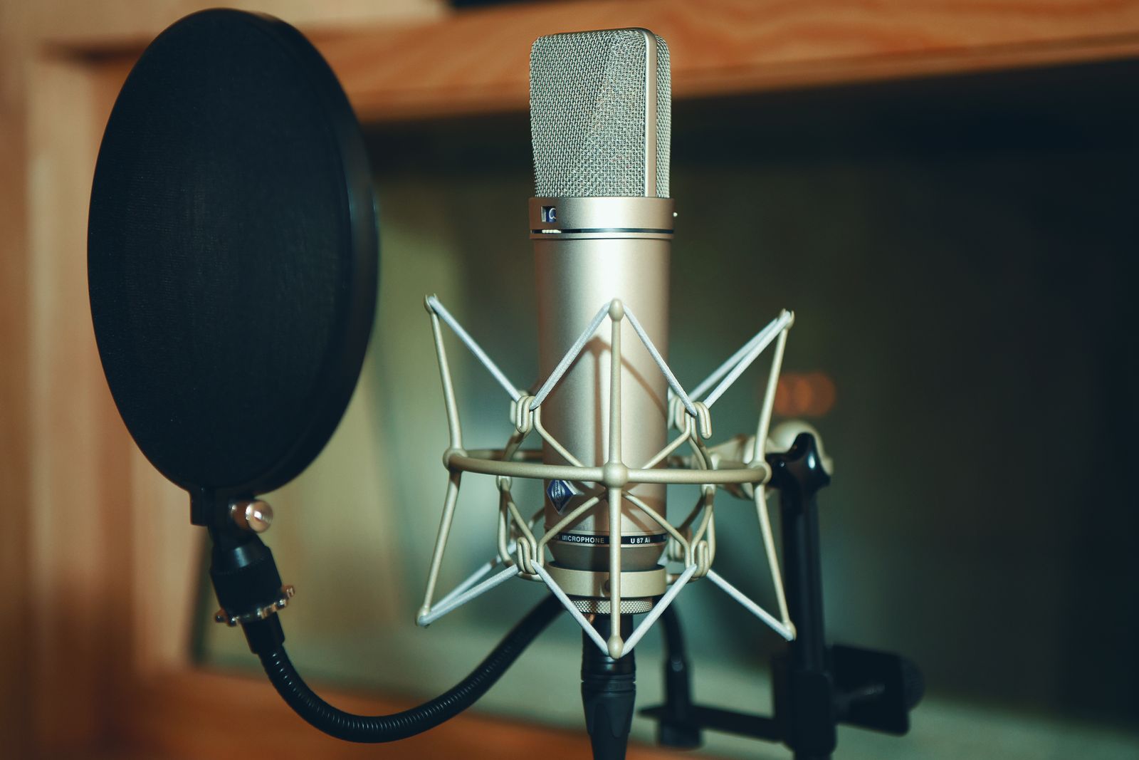 Studiomikrofon med popfilter i en hemmastudio