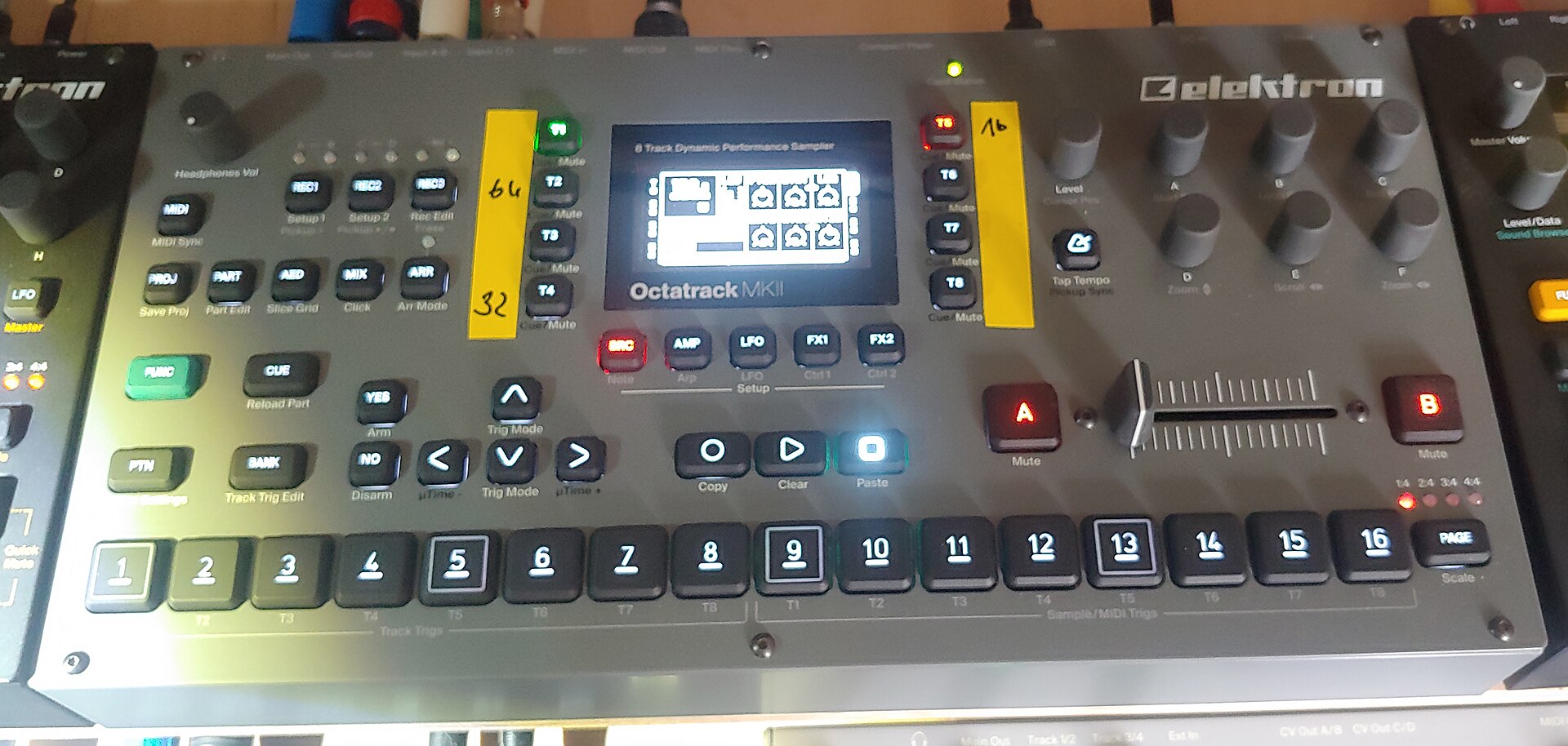 An Elektron Octatrack MKII performance sampler with its crossfader and step buttons