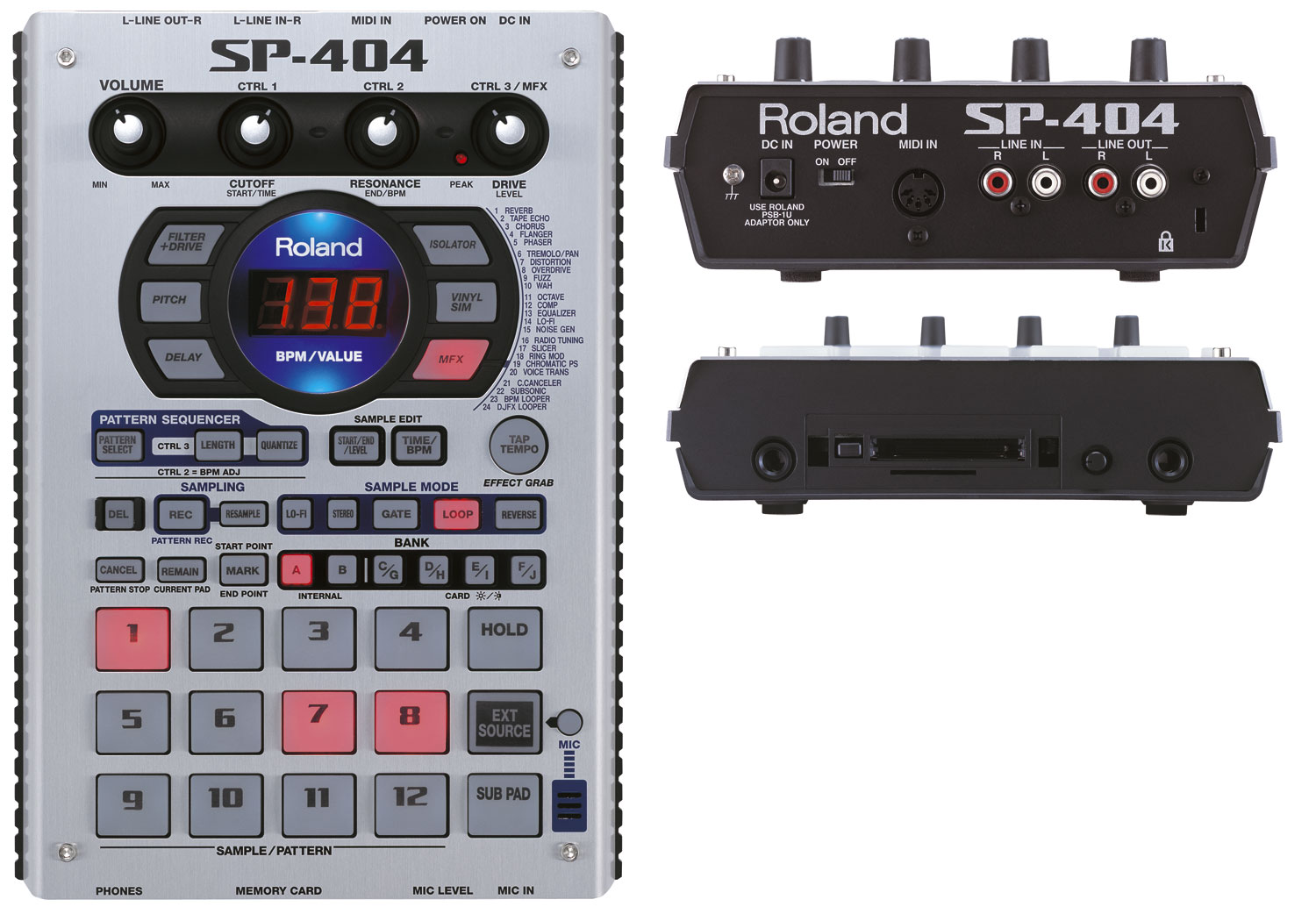 The original Roland SP-404 sampler, front and rear views