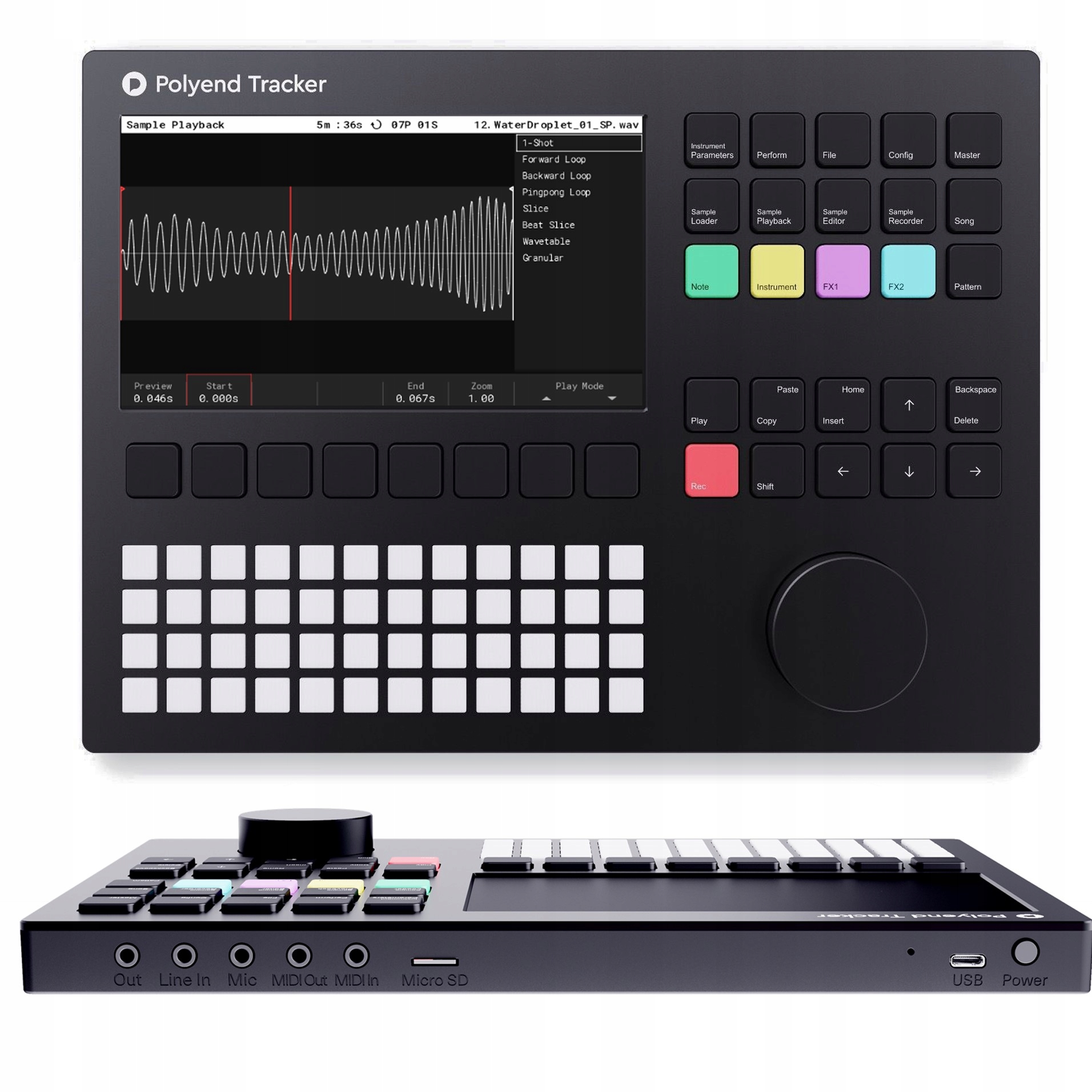 A Polyend Tracker standalone sampler and sequencer with its grid and screen