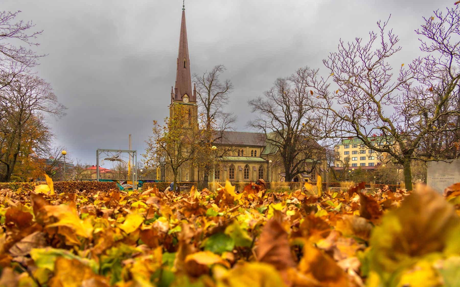 Höstlöv i en park i Göteborg med lekplats och en kyrka i bakgrunden