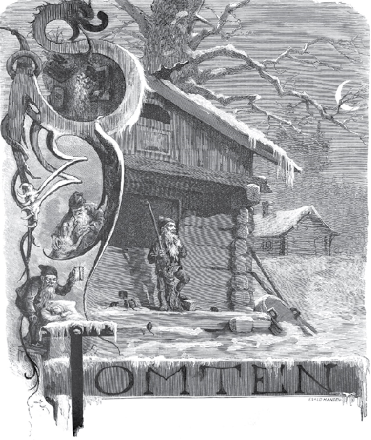 Titelvinjett till Viktor Rydbergs dikt Tomten i Ny Illustrerad Tidning 1881, med gårdstomten utanför en snötäckt gård i månsken