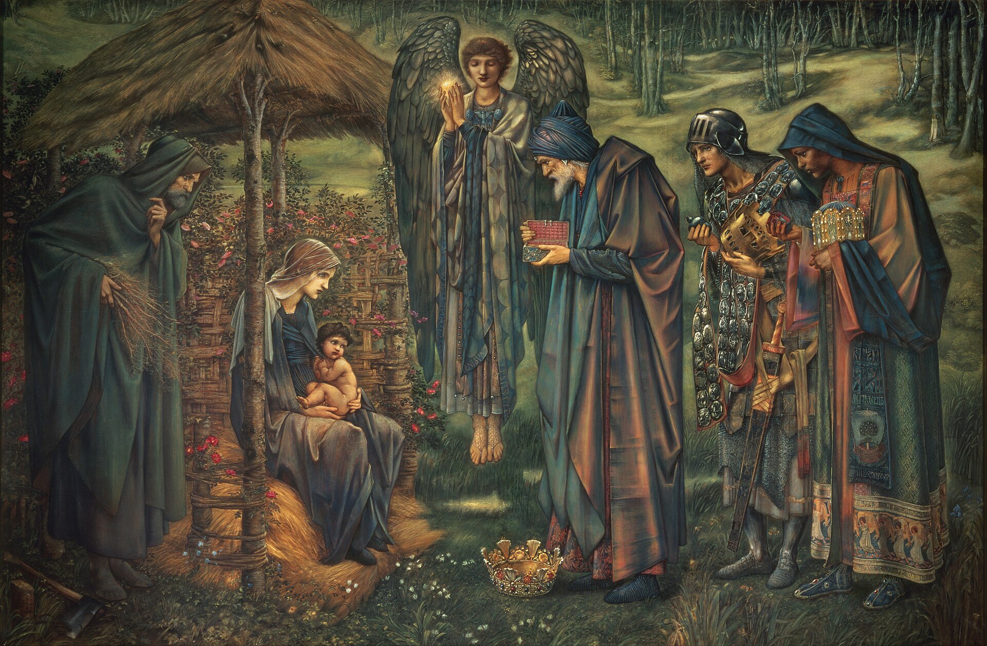 Ängel håller den lysande Betlehemsstjärnan medan tre kungar frambär gåvor, akvarell av Edward Burne-Jones