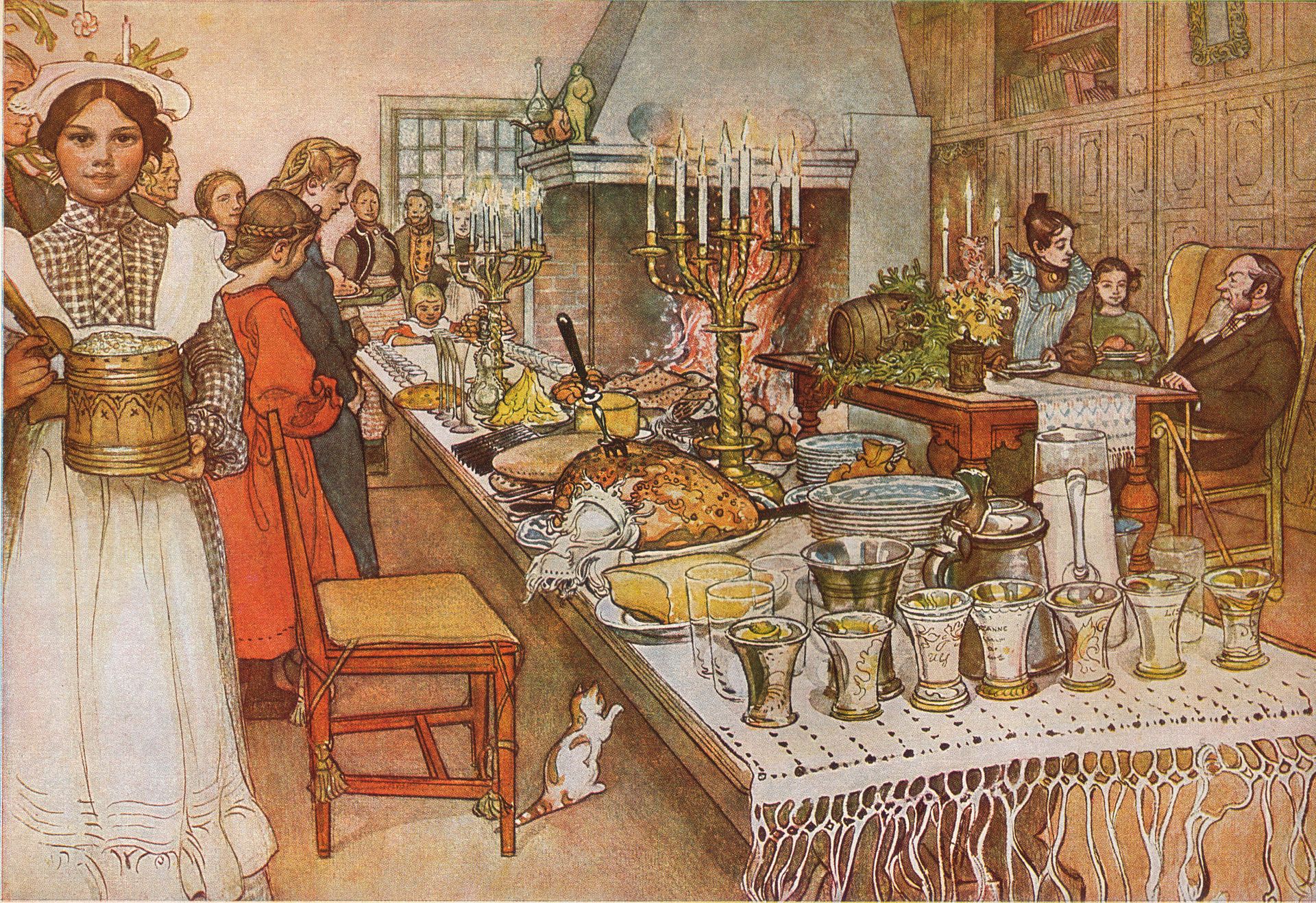 Dukat julbord med ljusstakar och familj i festkläder, akvarell av Carl Larsson