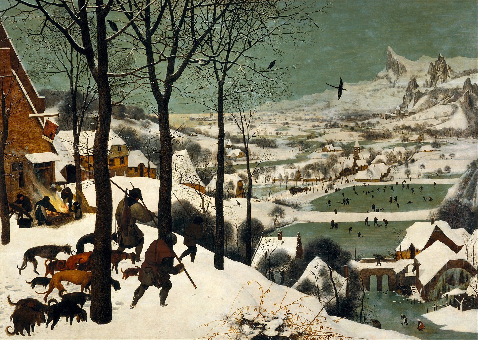 Vinterlandskap med jägare, snötäckt by och skridskoåkare på frusna dammar, målning av Pieter Bruegel den äldre