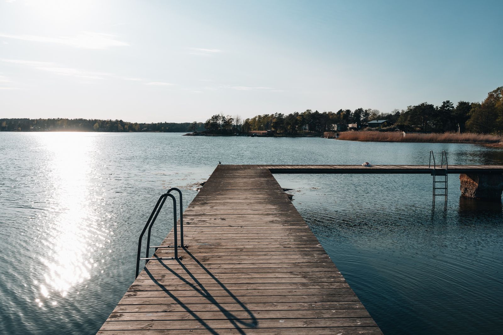 Träbrygga med badstege ut i en sjö med röda stugor och skog en sommardag
