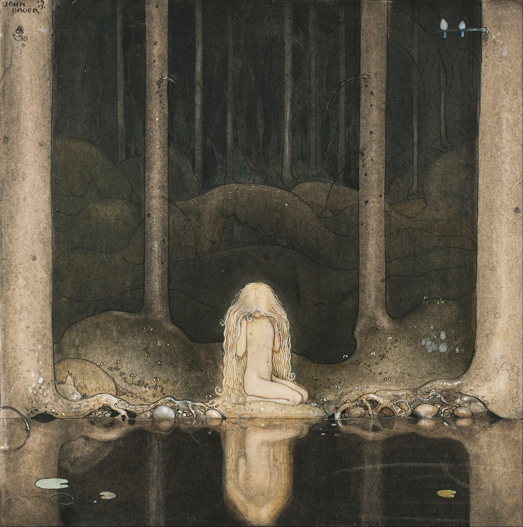 Måleri av John Bauer med prinsessan Tuvstarr vid en mörk skogstjärn