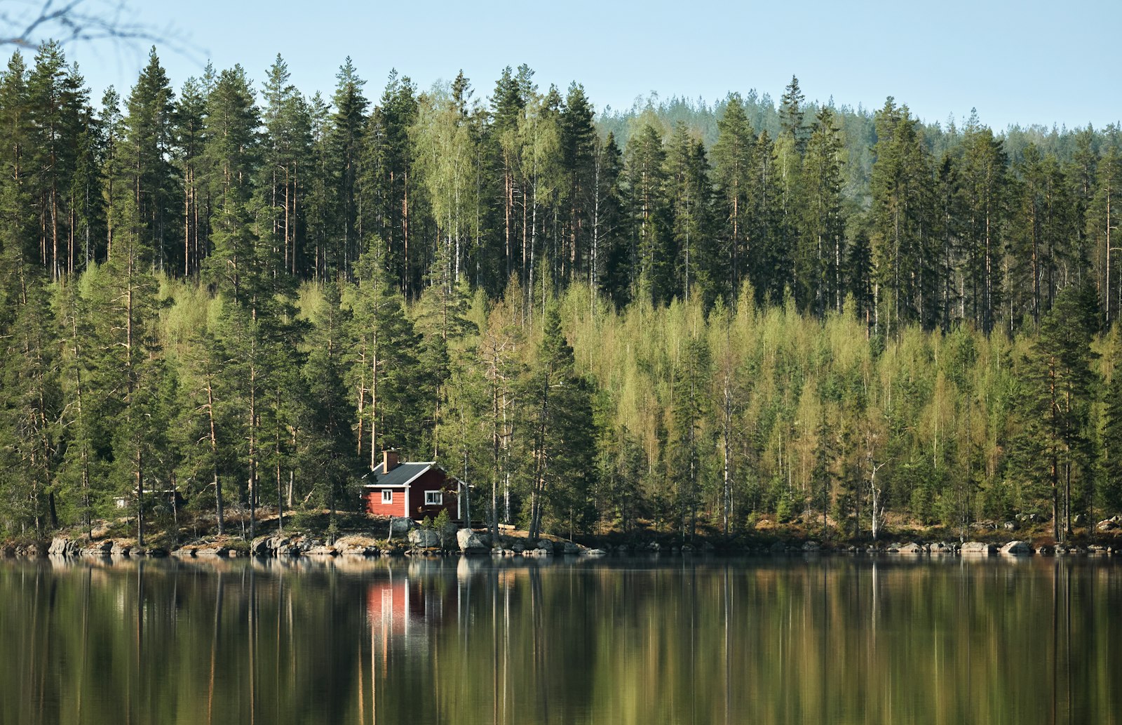 Litet rött fritidshus vid en skogssjö, avskilt och obebott