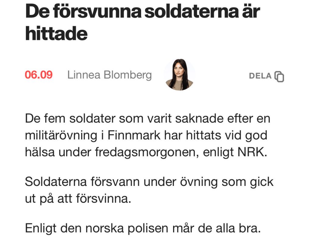 Nyhetsrubrik: "De försvunna soldaterna är hittade". Texten förklarar att soldaternas övning gick ut på att försvinna.