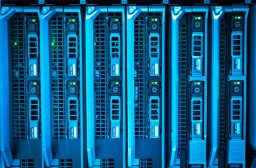 Rows of server blades in a data center
