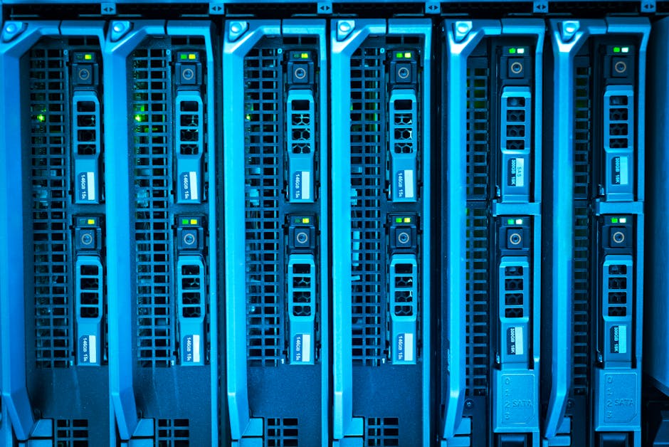Rows of server blades in a data center