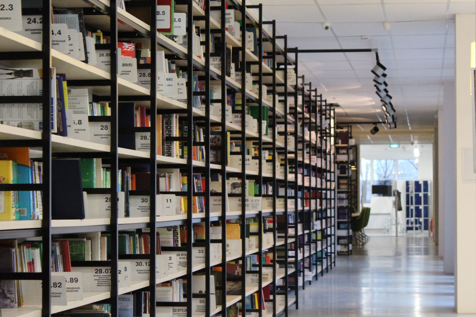 Ljust bibliotek med långa rader av bokhyllor fyllda med böcker
