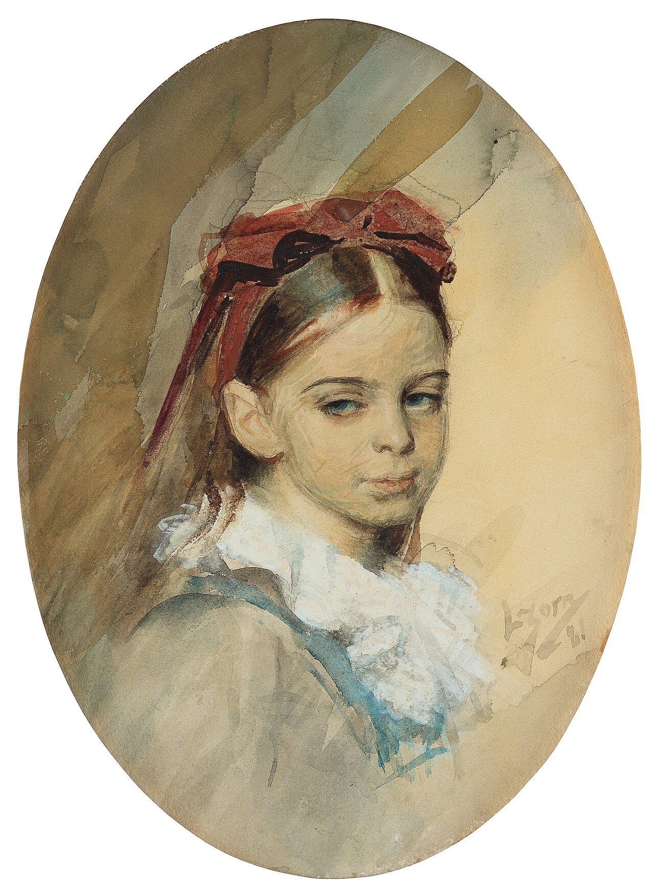 Figurativt akvarellporträtt av en ung flicka av Anders Zorn