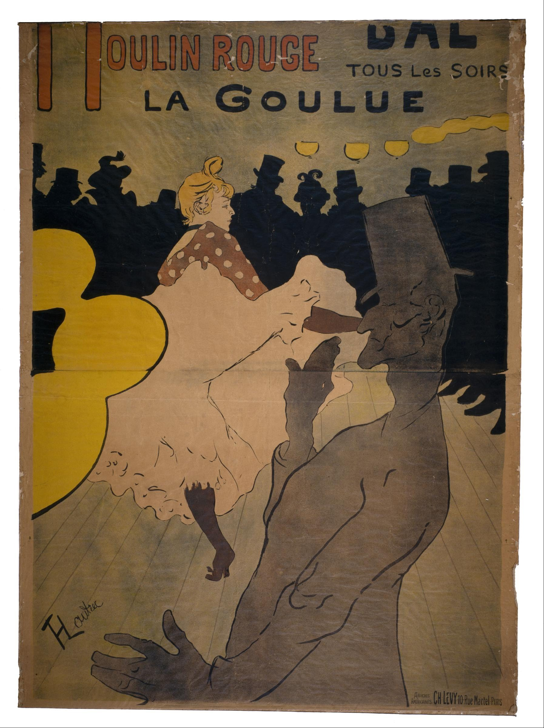 Färglitografisk affisch av Toulouse-Lautrec för Moulin Rouge, dansösen La Goulue i förgrunden