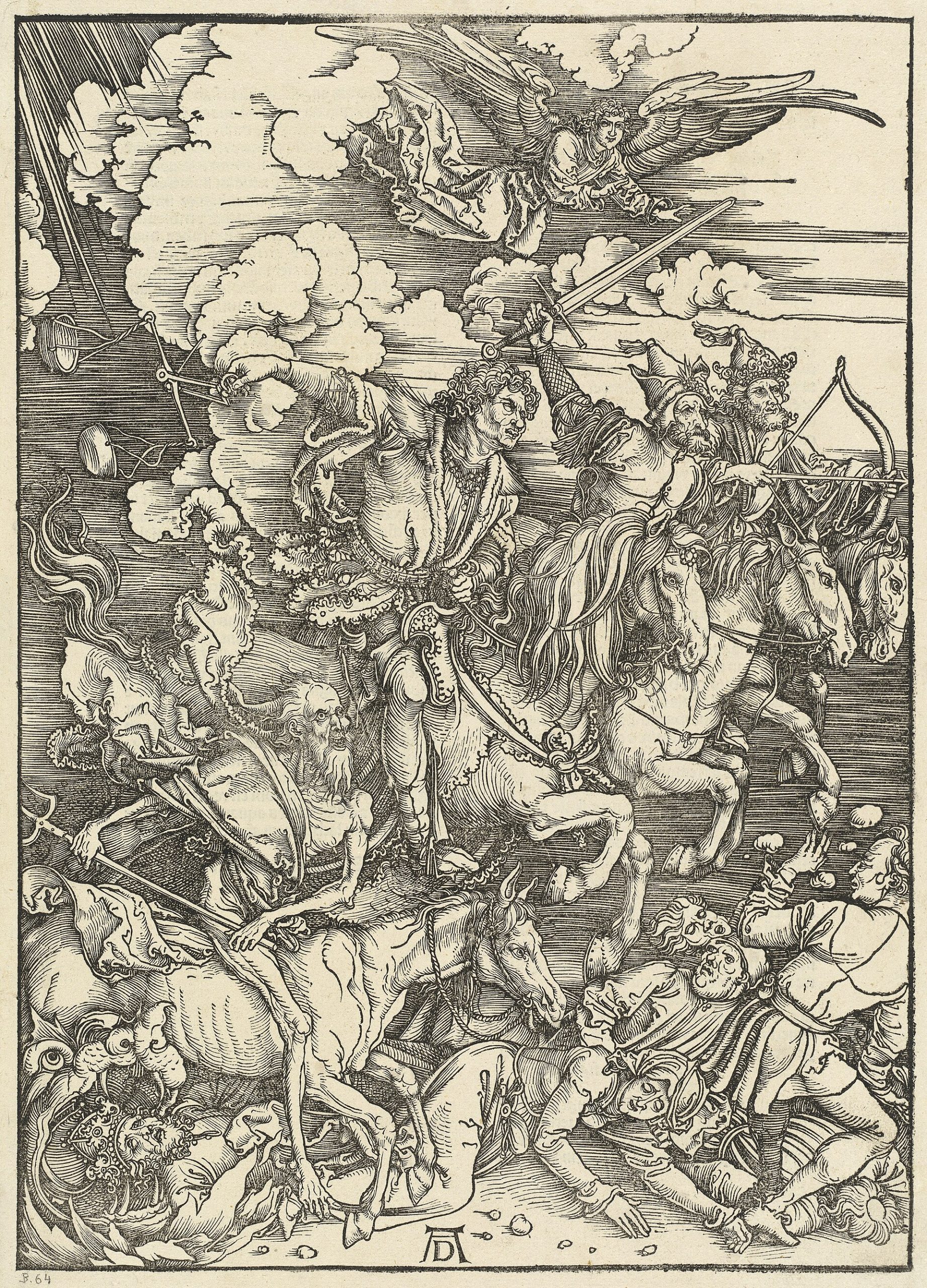 Albrecht Dürers träsnitt De fyra apokalyptiska ryttarna från 1498, fyra ryttare som rider fram över människor som faller till marken