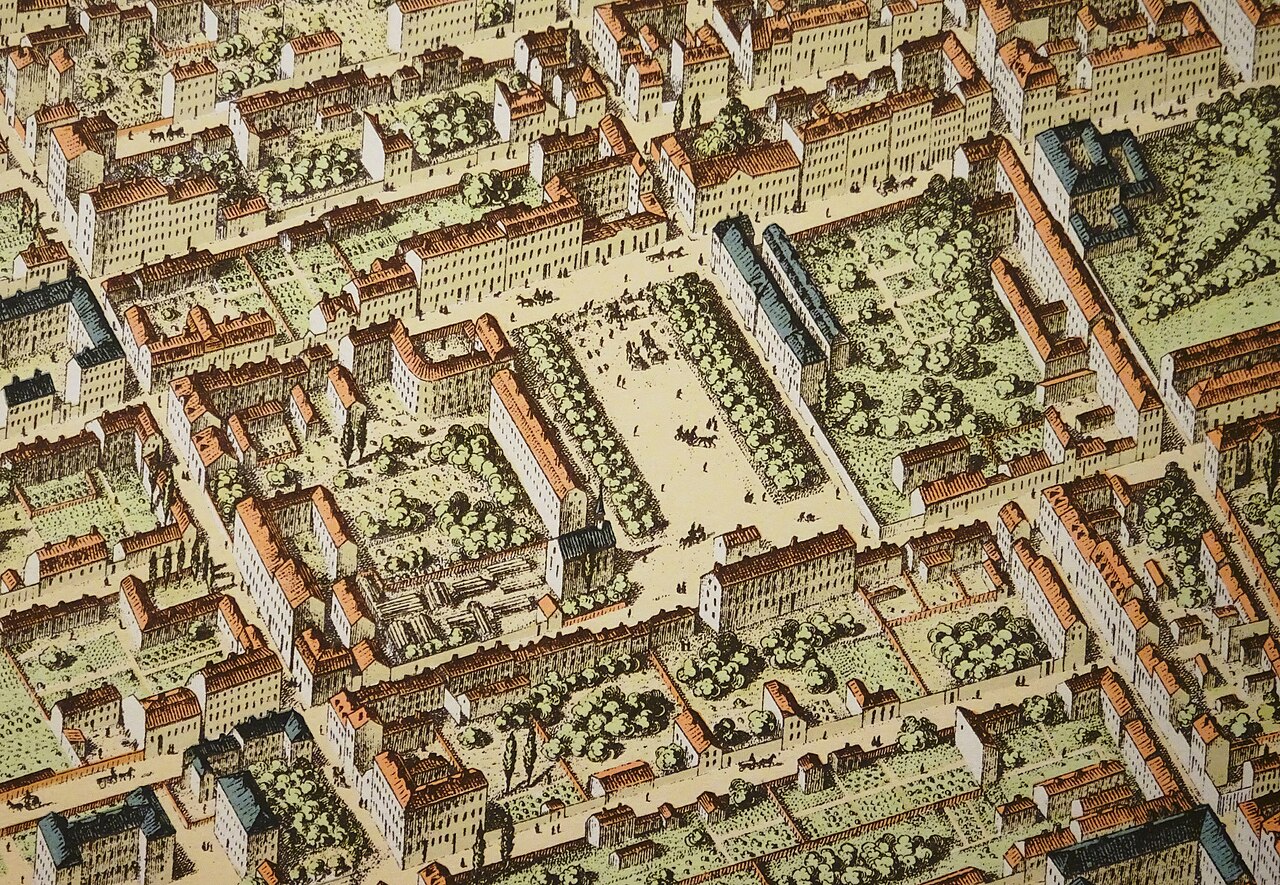Adolf Fredriks torg och kvarteret Rosendal på en panoramabild från 1870