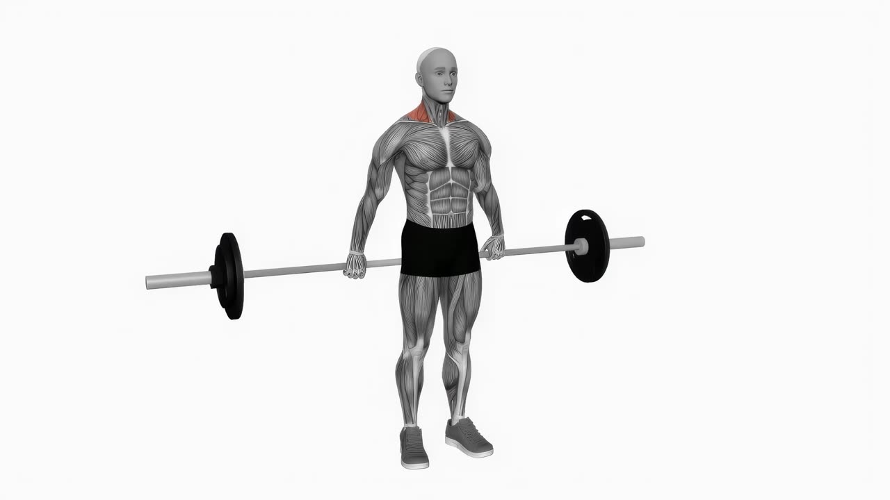 Shrugs med skivstång bakom ryggen, brett grepp - startposition
