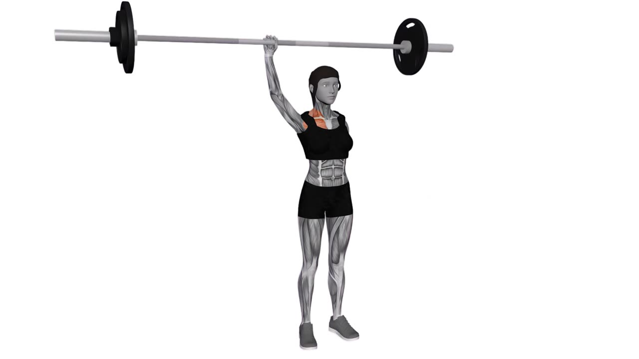 Enarms pushpress med skivstång bakom ryggen med balans - slutposition