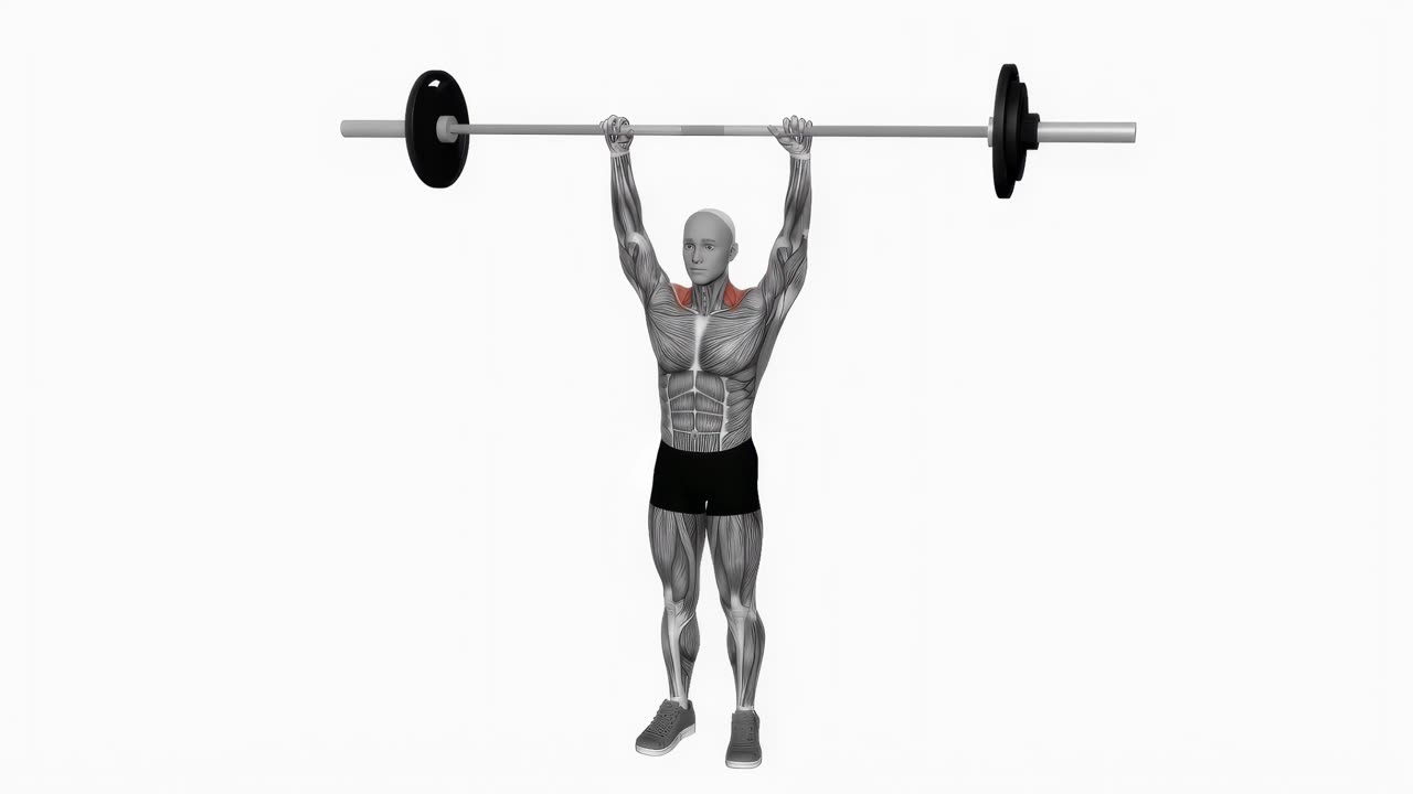 Shrug med skivstång overhead - slutposition