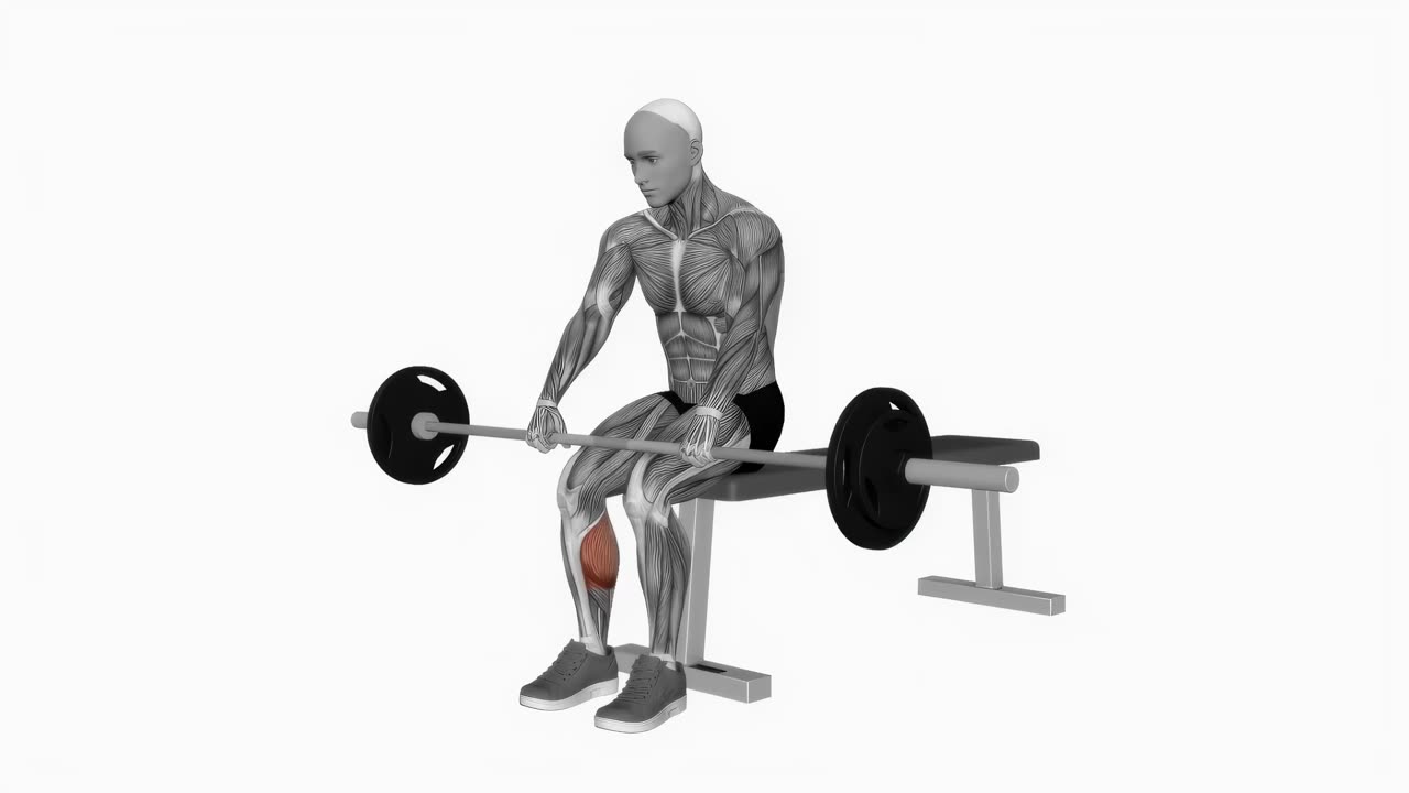Sittande vadpress med skivstång på knän - startposition