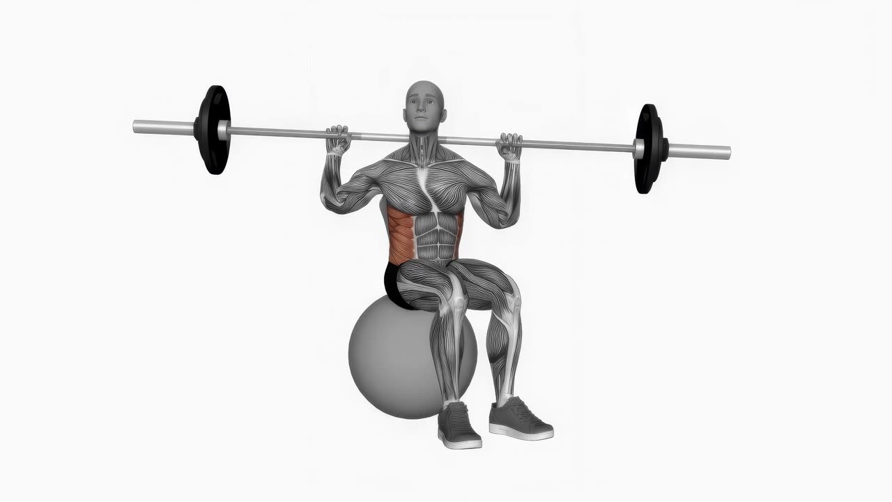 Sittande rotation med skivstång på gymball - slutposition
