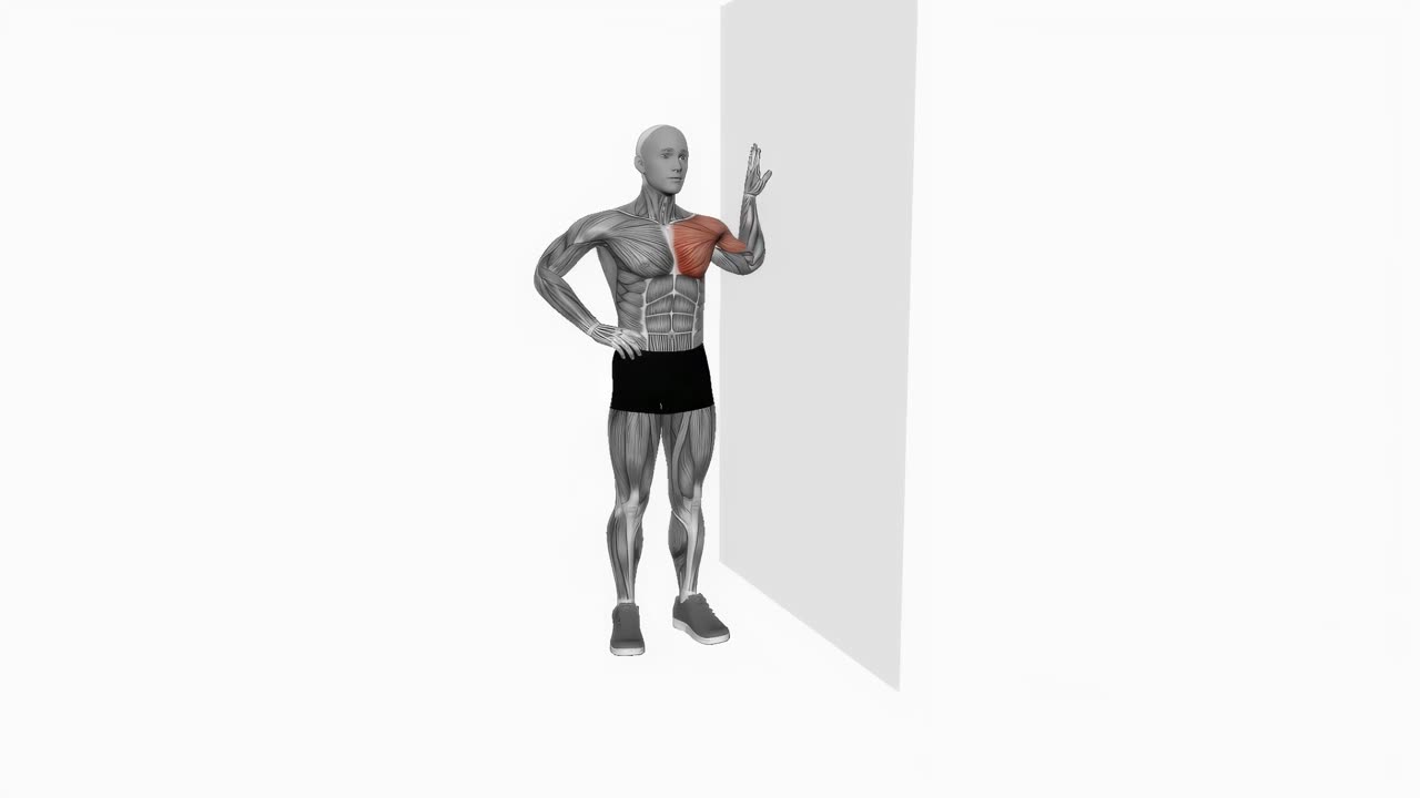 Bröststräckning med böjd arm mot vägg - startposition