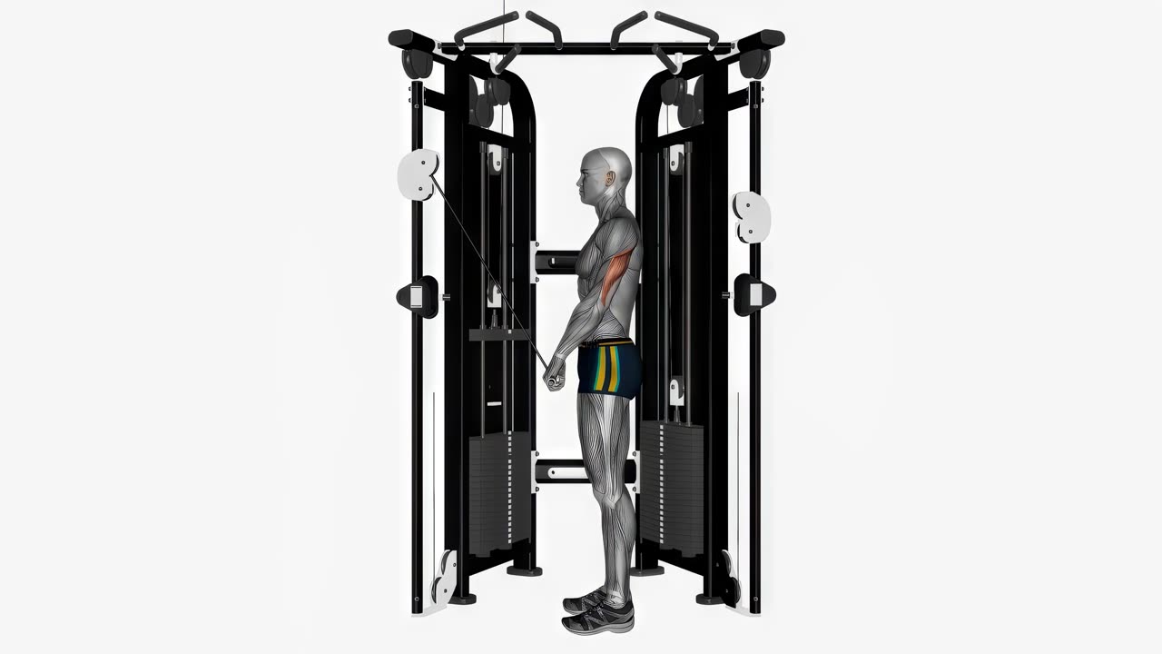 Kabeltricepspress med EZ-stång - slutposition