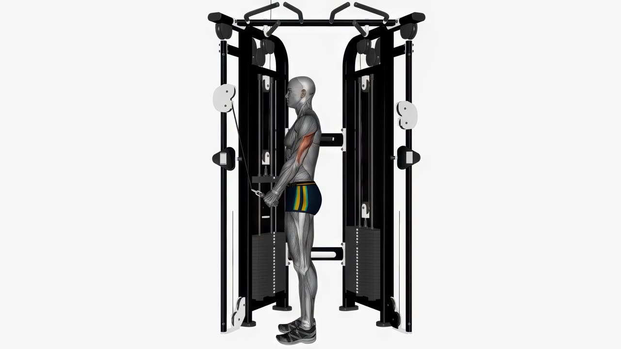 Kabeltricepspress med V-stång - slutposition