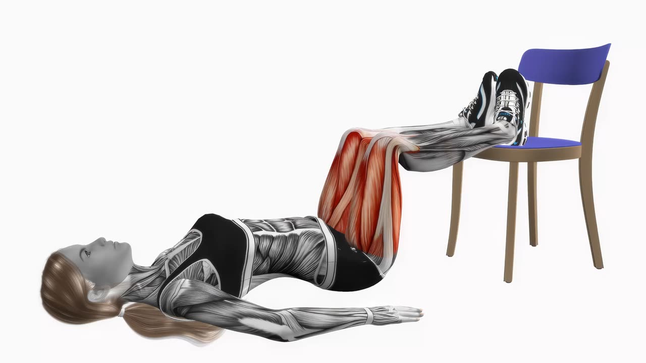 Sätesbrygga med grodposition och fötter upphöjda på stol - startposition